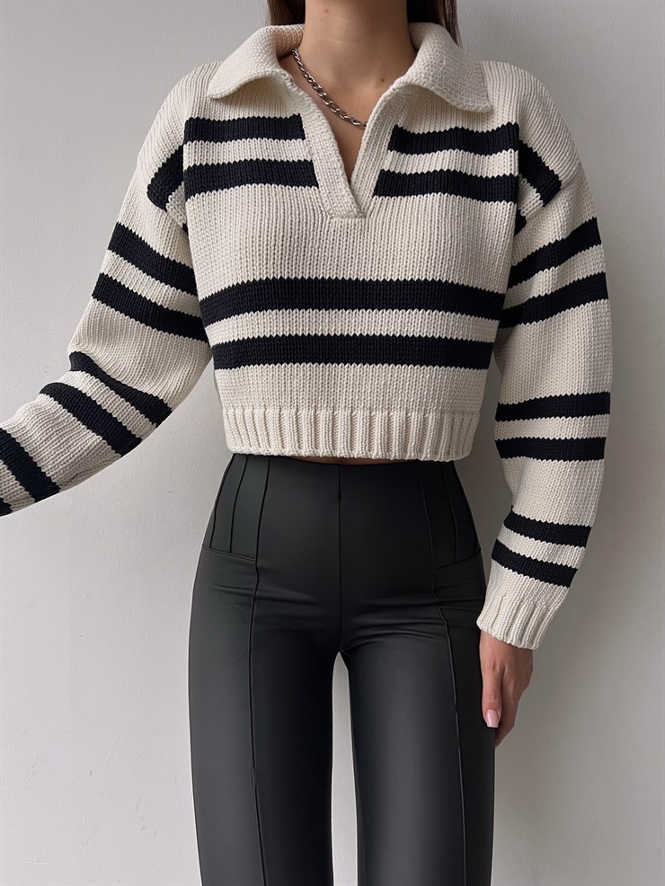 Polo Yaka Çizgili Flavio Kadın Bej Triko kazak 23K000230