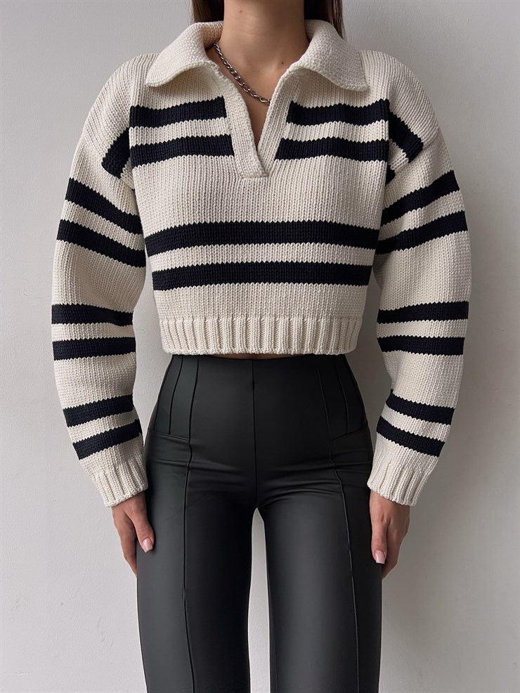 Polo Yaka Çizgili Flavio Kadın Bej Triko kazak 23K000230