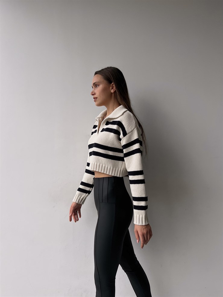 Polo Yaka Çizgili Flavio Kadın Bej Triko kazak 23K000230