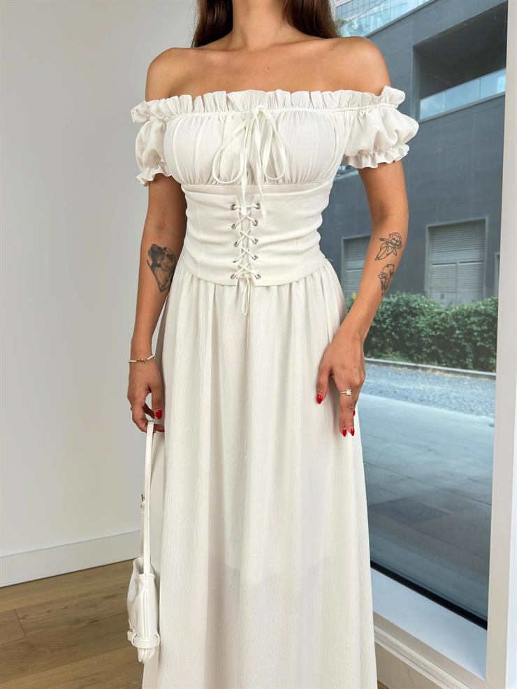 Madonna Yaka Önü Büzgülü Korse Detaylı Flet Kadın Beyaz Elbise 24Y826