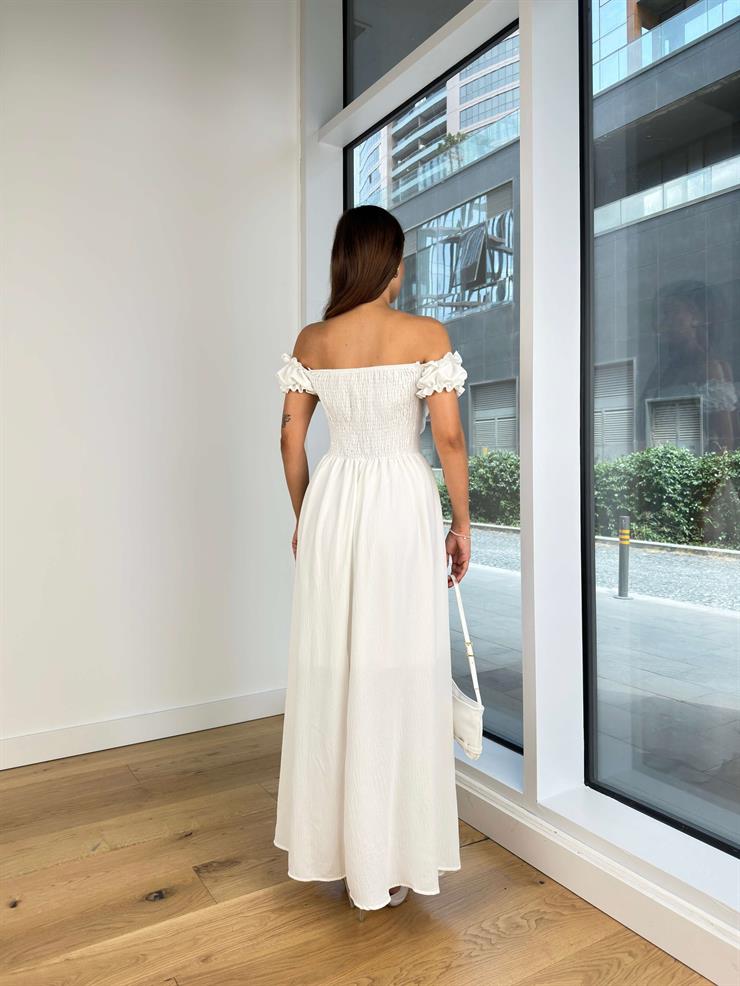 Madonna Yaka Önü Büzgülü Korse Detaylı Flet Kadın Beyaz Elbise 24Y826