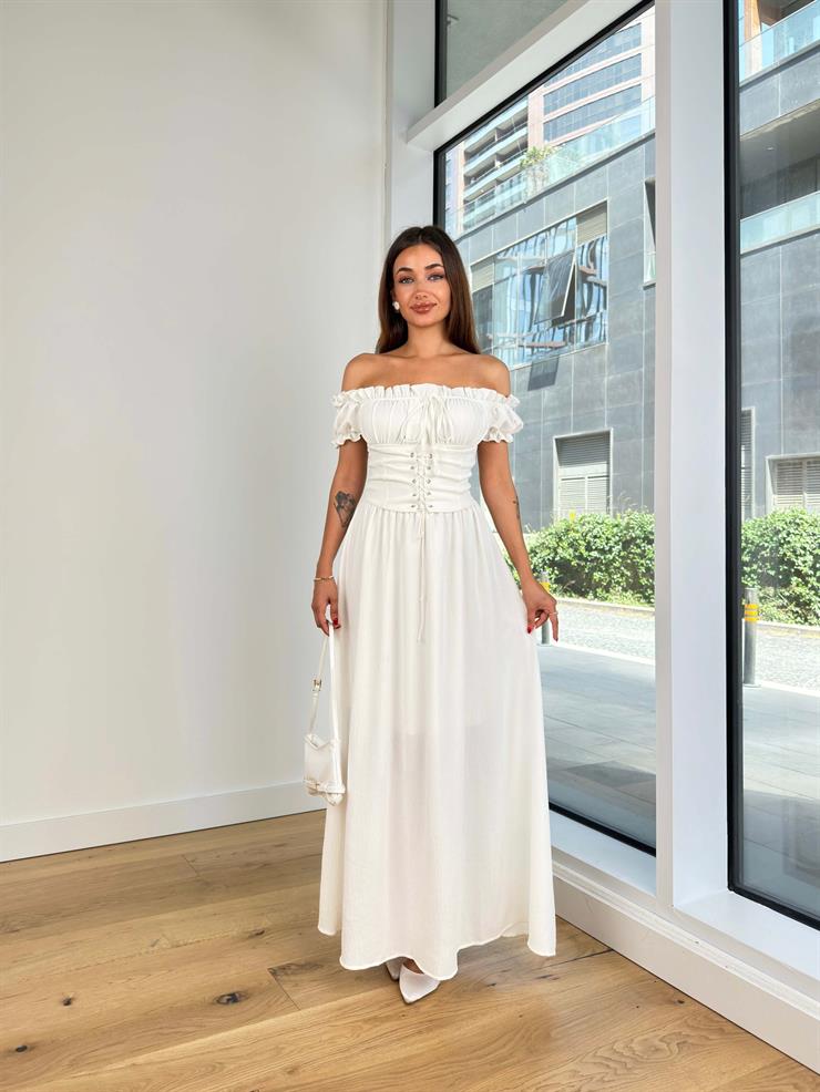 Madonna Yaka Önü Büzgülü Korse Detaylı Flet Kadın Beyaz Elbise 24Y826