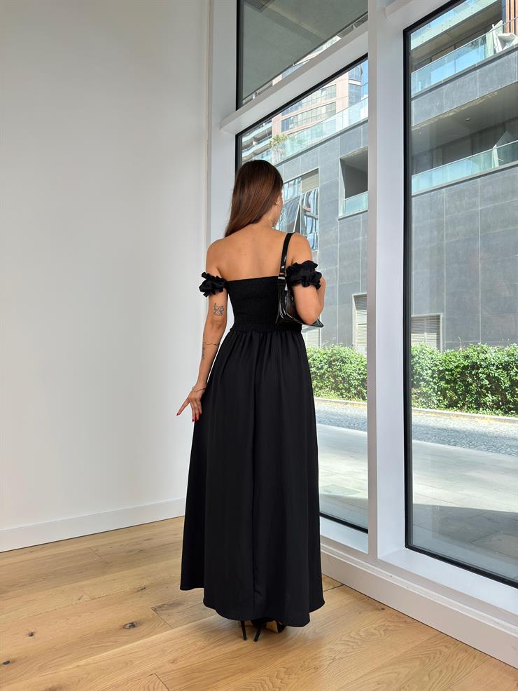 Madonna Yaka Önü Büzgülü Korse Detaylı Flet Kadın Siyah Elbise 24Y826