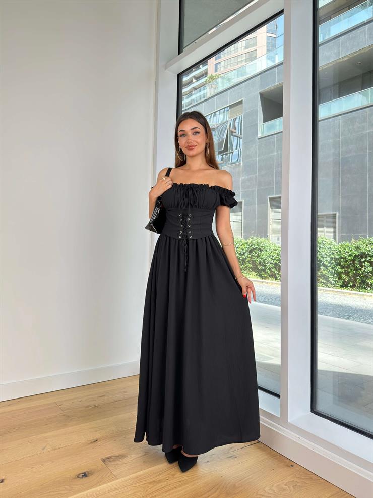 Madonna Yaka Önü Büzgülü Korse Detaylı Flet Kadın Siyah Elbise 24Y826