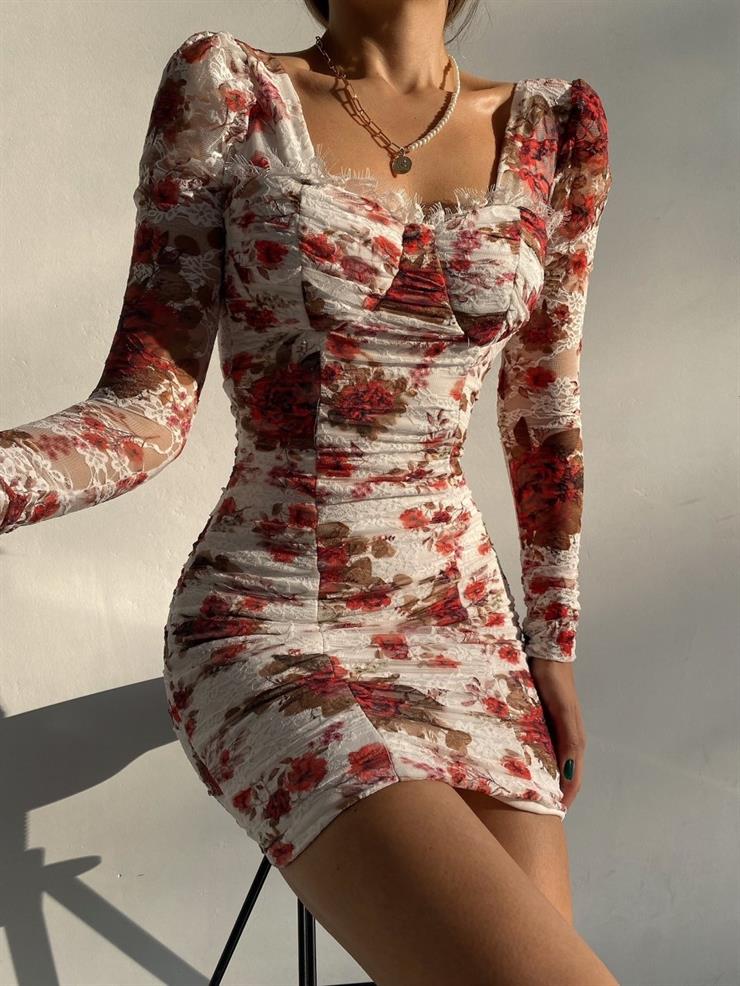 Uzun Kollu Drape Detaylı Floressa Kadın Çiçek Desenli Kırmızı Mini Elbise 21Y000545