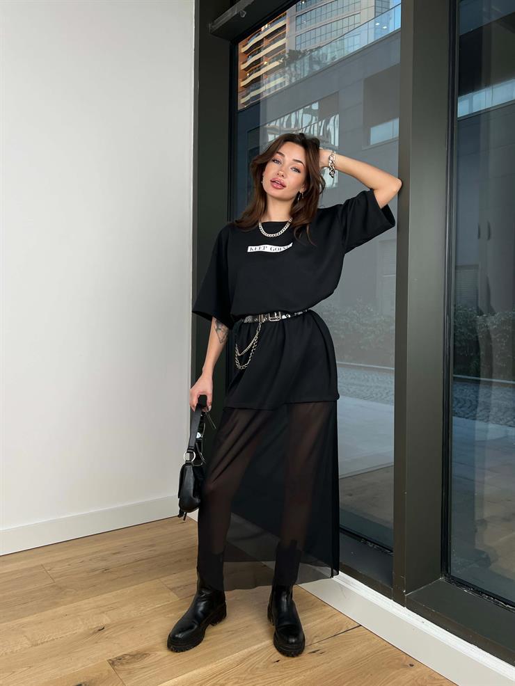 Oversize Eteği Tül Florian Kadın Siyah Elbise 24Y043