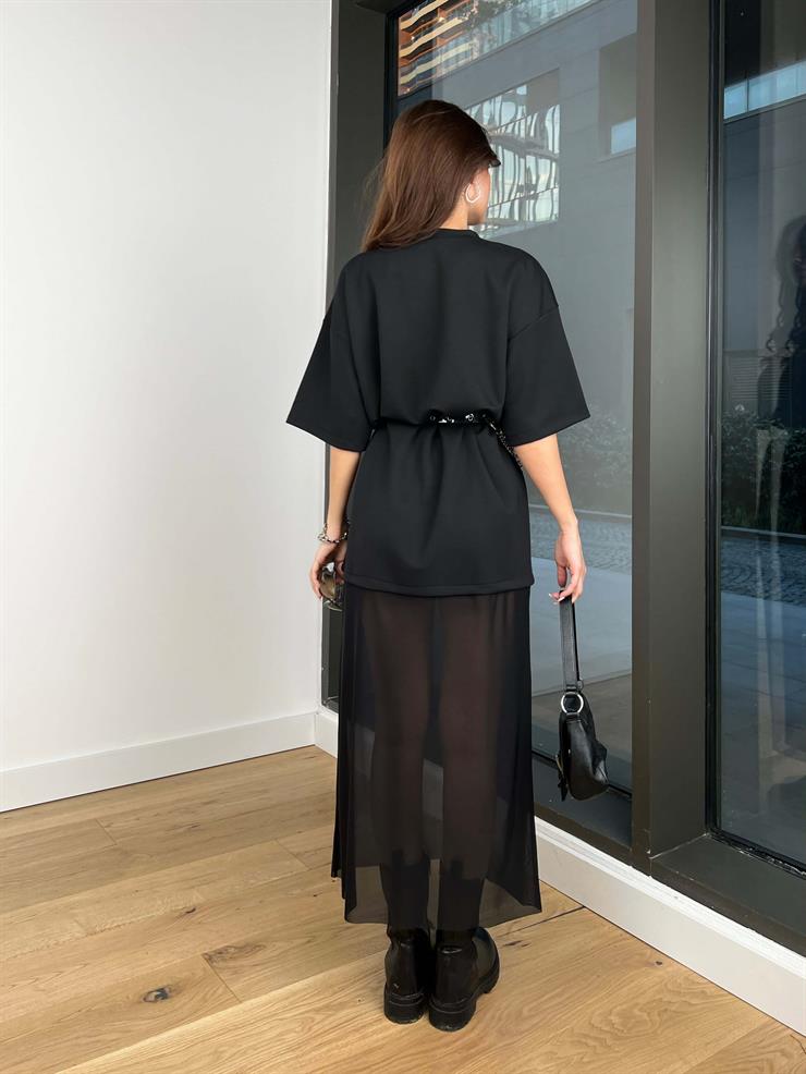 Oversize Eteği Tül Florian Kadın Siyah Elbise 24Y043