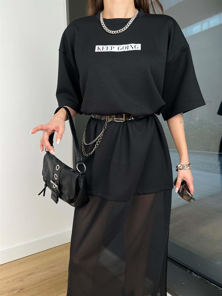 Oversize Eteği Tül Florian Kadın Siyah Elbise 24Y043