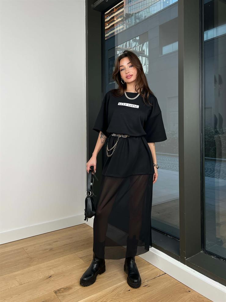 Oversize Eteği Tül Florian Kadın Siyah Elbise 24Y043