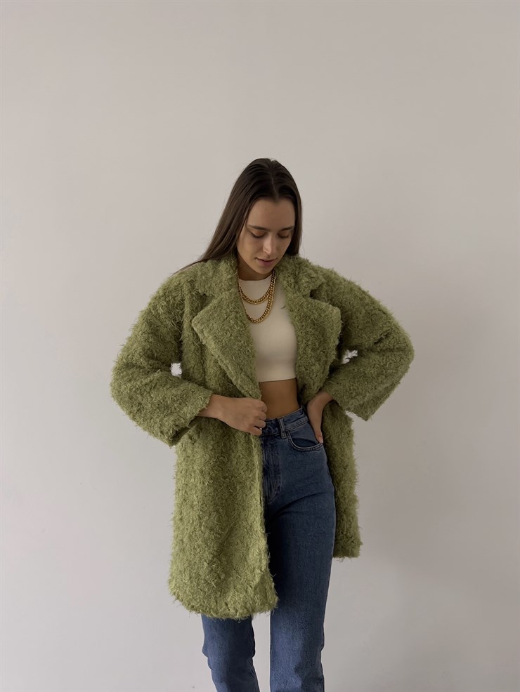 Yanları Cepli Florus Kadın Yeşil Peluş Kaban 23K000229