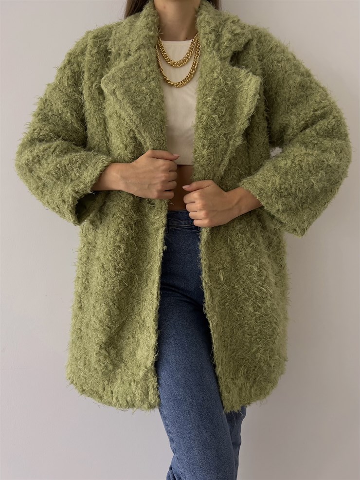 Yanları Cepli Florus Kadın Yeşil Peluş Kaban 23K000229