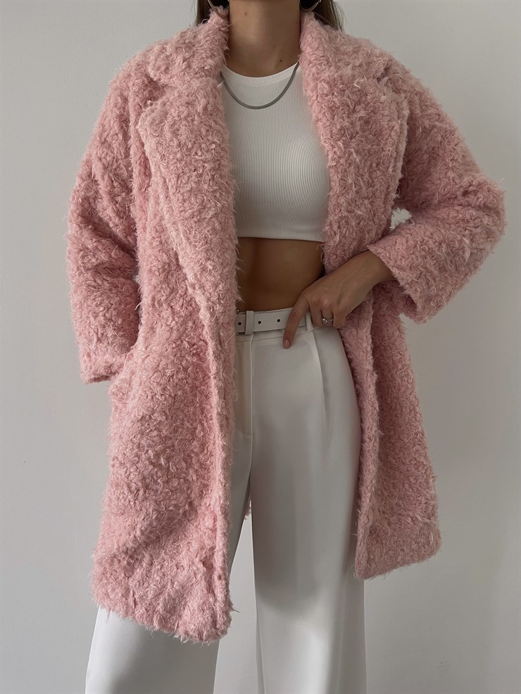 Yanları Cepli Florus Kadın Pudra Peluş Kaban 23K000229