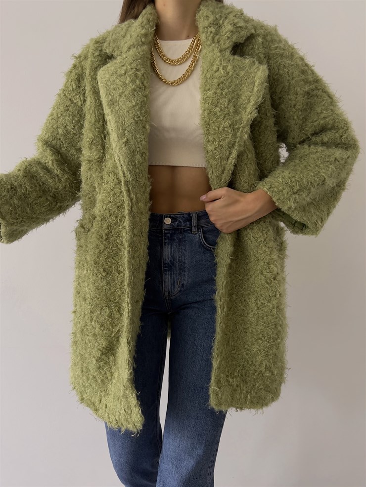 Yanları Cepli Florus Kadın Yeşil Peluş Kaban 23K000229