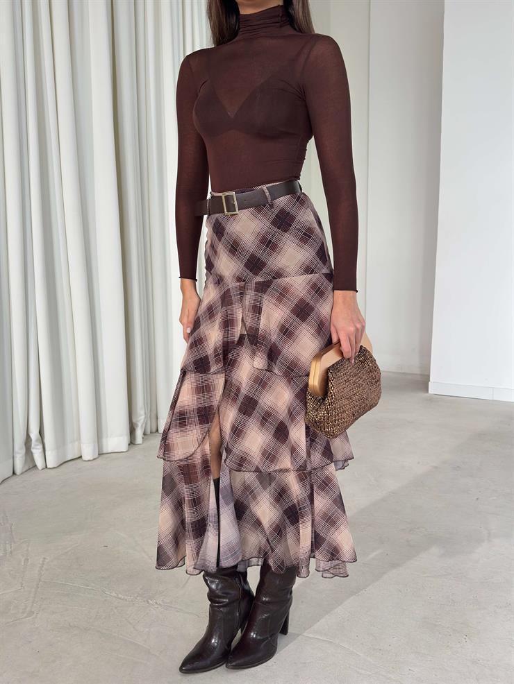 Kemerli Şifon Katlı Kruvaze Kesim Floya Kahve Kadın Etek 26K399