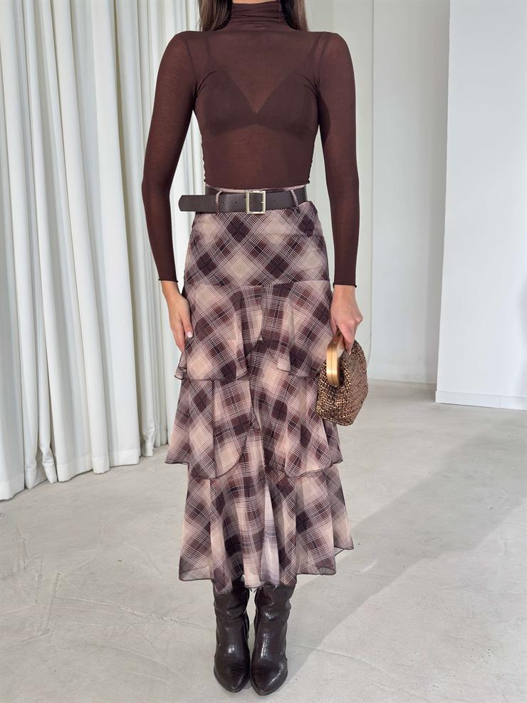 Kemerli Şifon Katlı Kruvaze Kesim Floya Kahve Kadın Etek 26K399