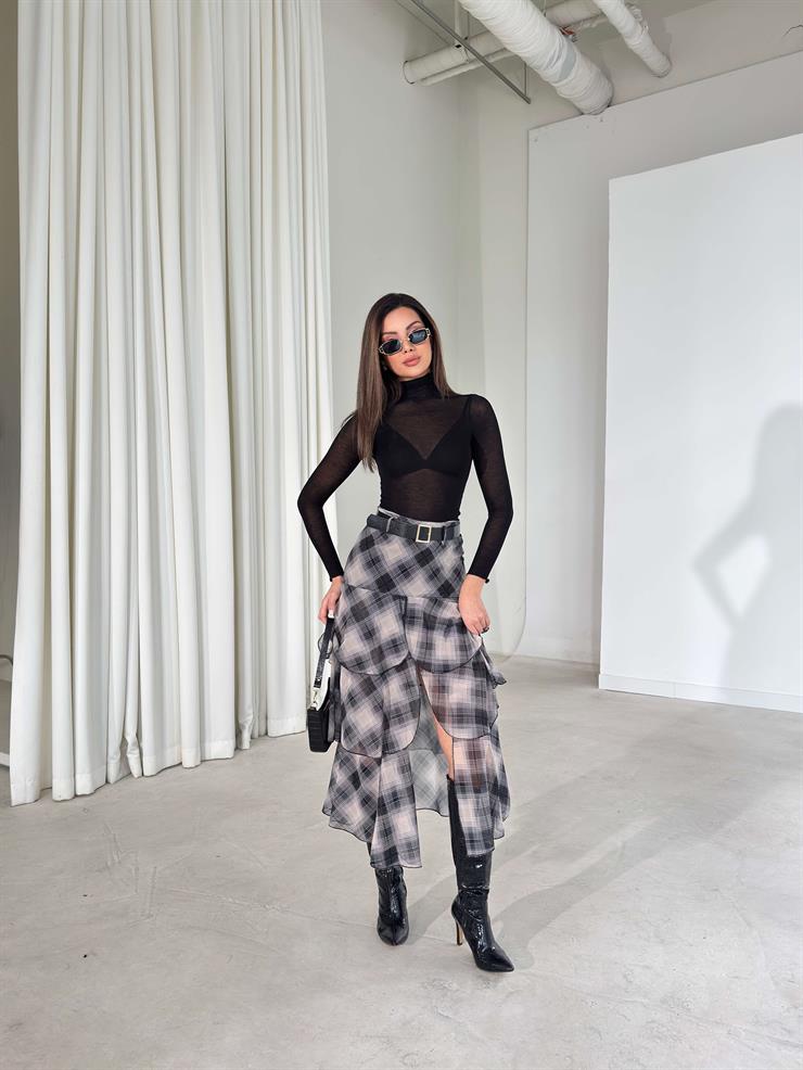 Kemerli Şifon Katlı Kruvaze Kesim Floya Siyah Kadın Etek 26K399