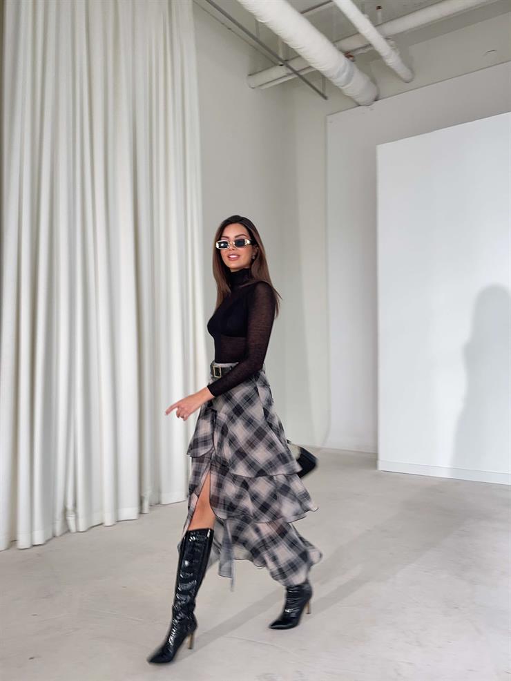 Kemerli Şifon Katlı Kruvaze Kesim Floya Siyah Kadın Etek 26K399