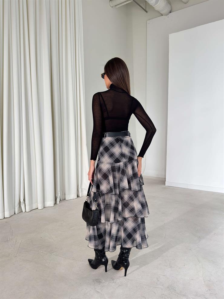 Kemerli Şifon Katlı Kruvaze Kesim Floya Siyah Kadın Etek 26K399