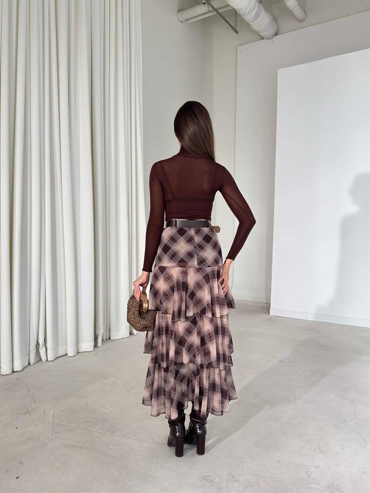 Kemerli Şifon Katlı Kruvaze Kesim Floya Kahve Kadın Etek 26K399