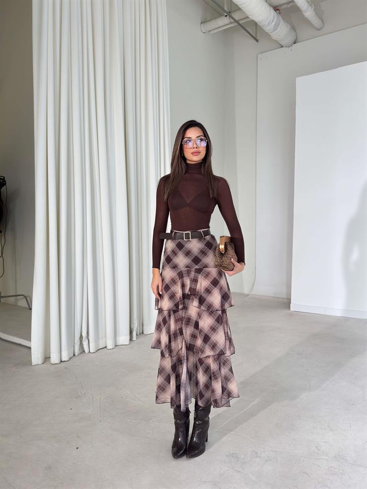 Kemerli Şifon Katlı Kruvaze Kesim Floya Kahve Kadın Etek 26K399