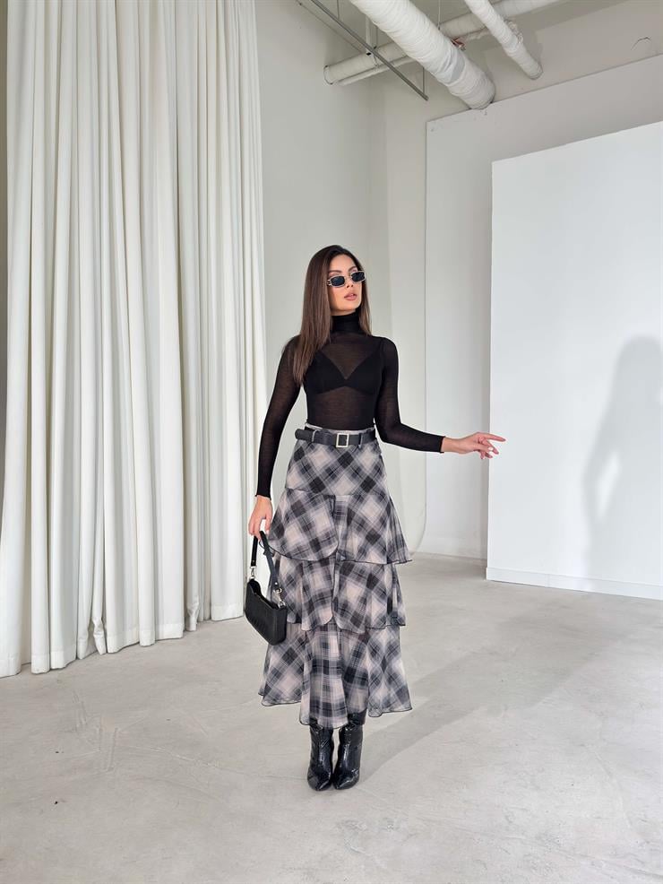 Kemerli Şifon Katlı Kruvaze Kesim Floya Siyah Kadın Etek 26K399