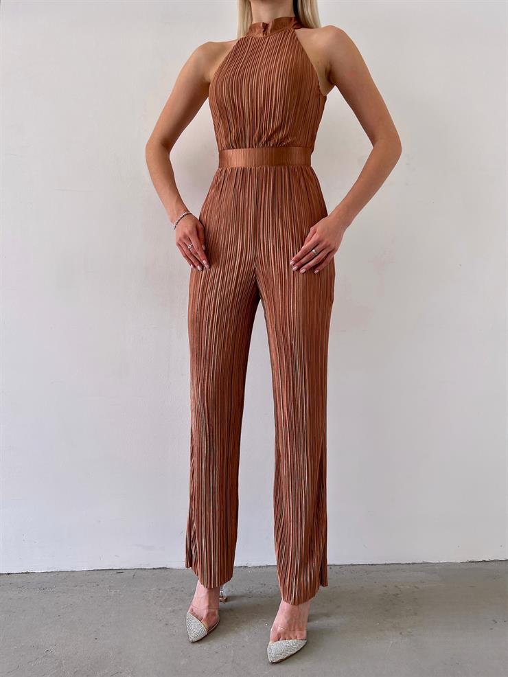 Kolsuz Yarım Boğazlı Fitilli Fold Kadın Camel Tulum 23Y000219