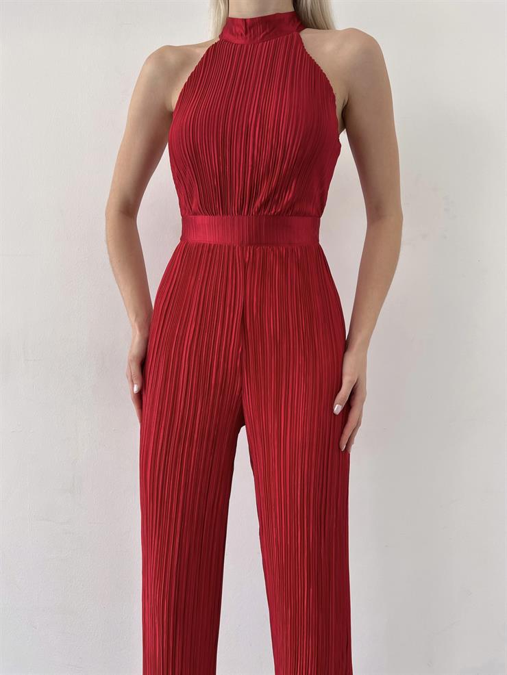 Kolsuz Yarım Boğazlı Fitilli Fold Kadın Kırmızı Tulum 23Y000219