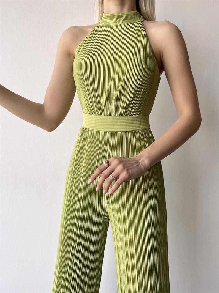 Kolsuz Yarım Boğazlı Fitilli Fold Kadın Fıstık Yeşili Tulum 23Y000219