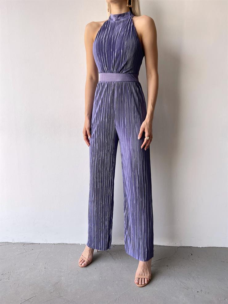 Kolsuz Yarım Boğazlı Fitilli Fold Kadın Mor Tulum 23Y000219