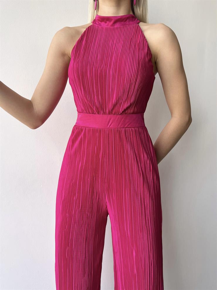 Kolsuz Yarım Boğazlı Fitilli Fold Kadın Fuşya Tulum 23Y000219