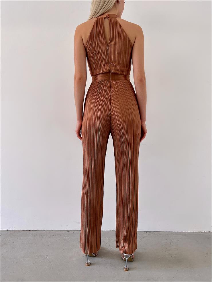 Kolsuz Yarım Boğazlı Fitilli Fold Kadın Camel Tulum 23Y000219