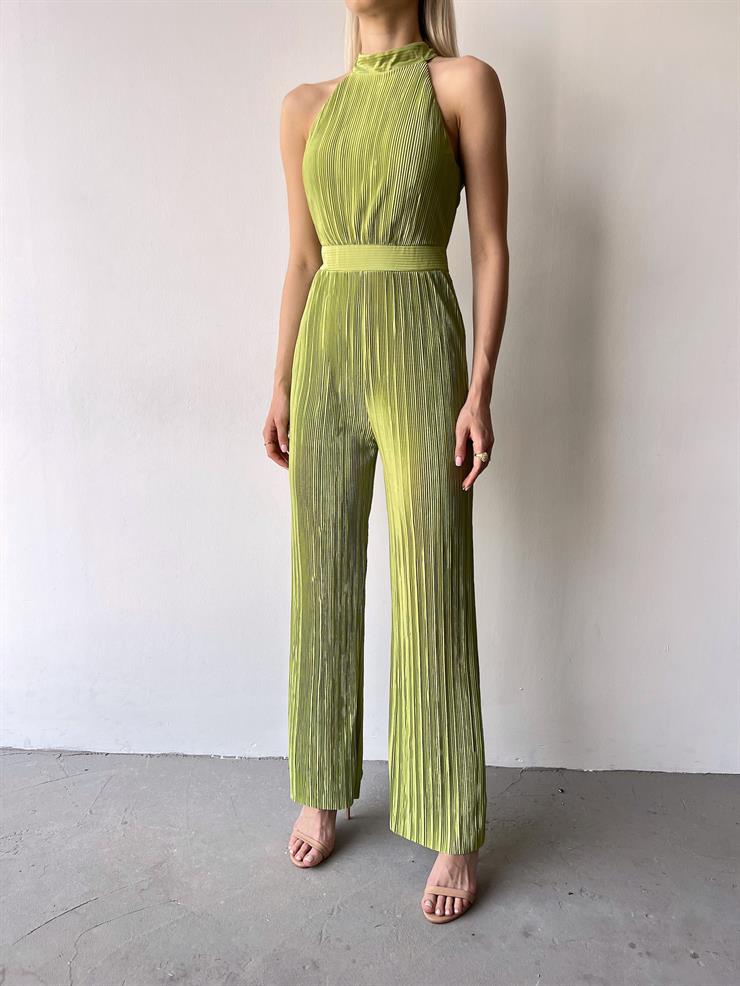 Kolsuz Yarım Boğazlı Fitilli Fold Kadın Fıstık Yeşili Tulum 23Y000219