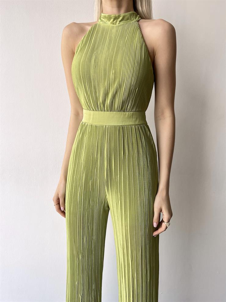 Kolsuz Yarım Boğazlı Fitilli Fold Kadın Fıstık Yeşili Tulum 23Y000219