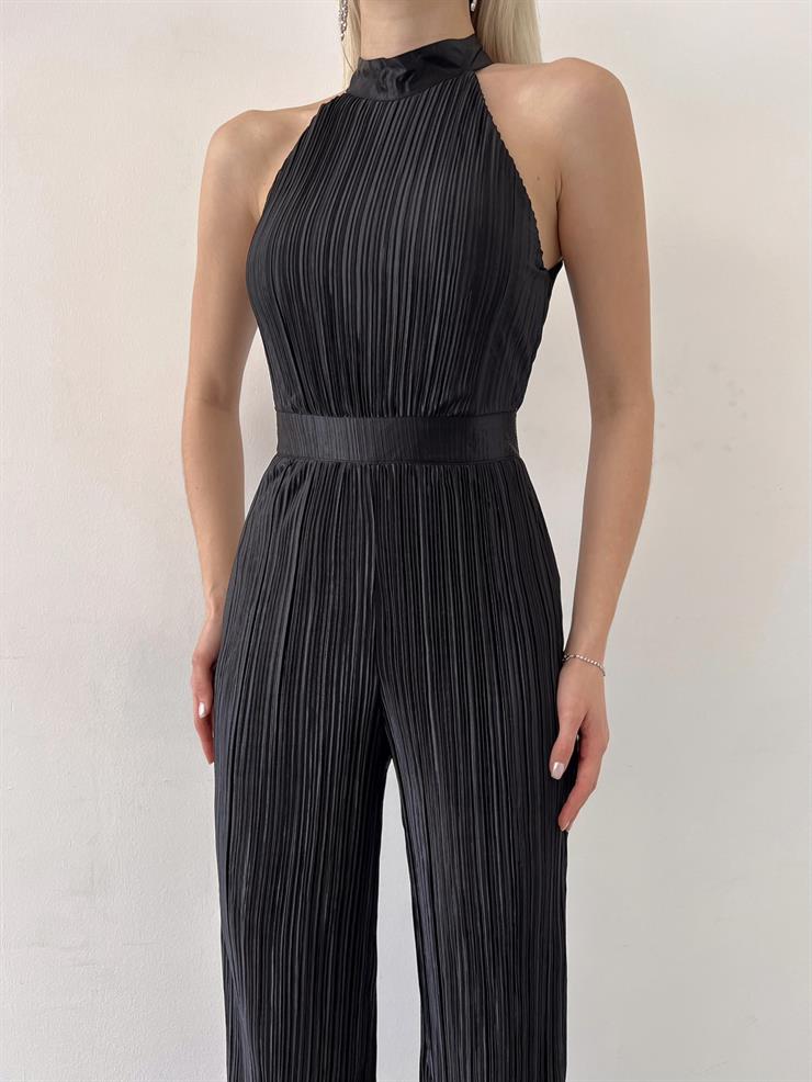 Kolsuz Yarım Boğazlı Fitilli Fold Kadın Siyah Tulum 23Y000219