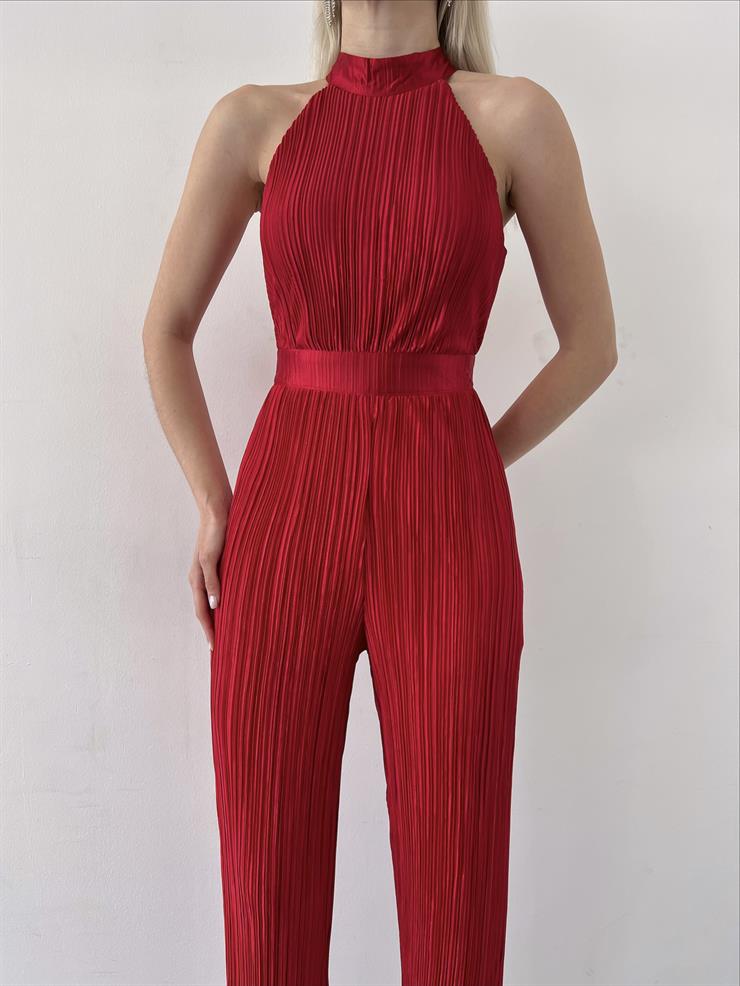 Kolsuz Yarım Boğazlı Fitilli Fold Kadın Kırmızı Tulum 23Y000219