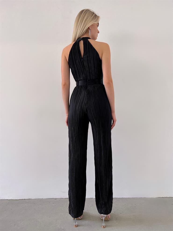 Kolsuz Yarım Boğazlı Fitilli Fold Kadın Siyah Tulum 23Y000219