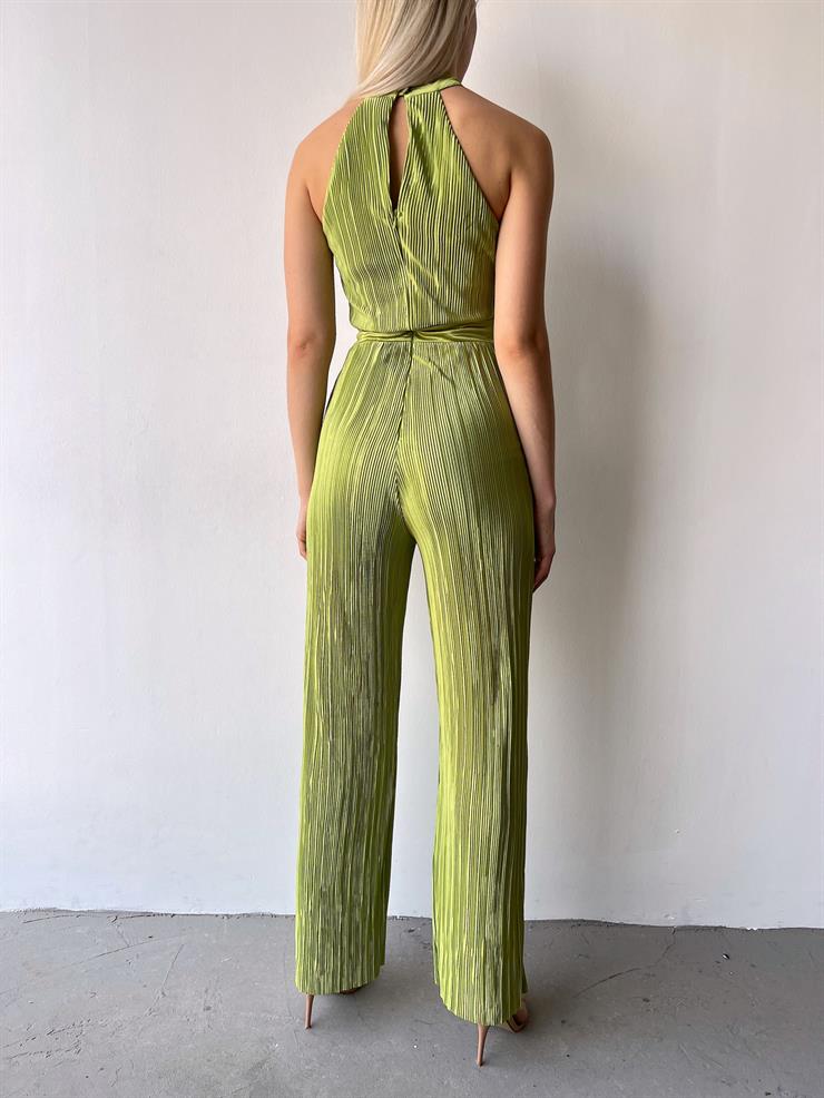 Kolsuz Yarım Boğazlı Fitilli Fold Kadın Fıstık Yeşili Tulum 23Y000219