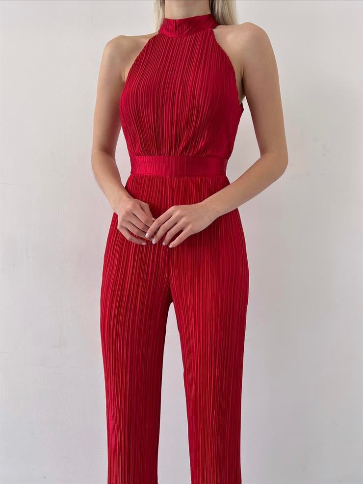 Kolsuz Yarım Boğazlı Fitilli Fold Kadın Kırmızı Tulum 23Y000219