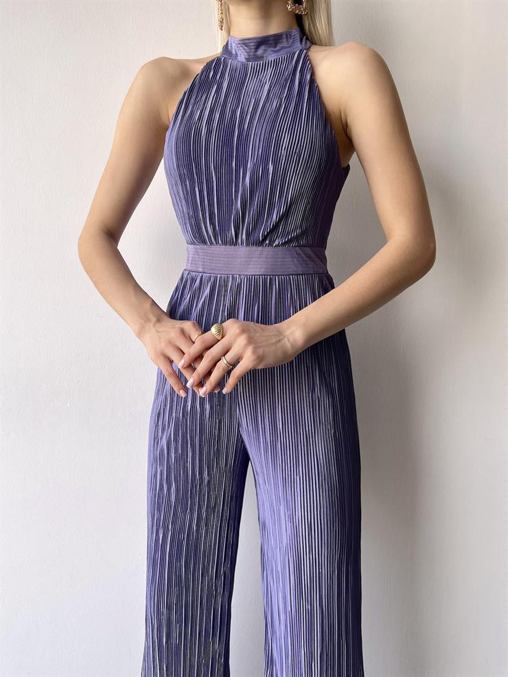 Kolsuz Yarım Boğazlı Fitilli Fold Kadın Mor Tulum 23Y000219