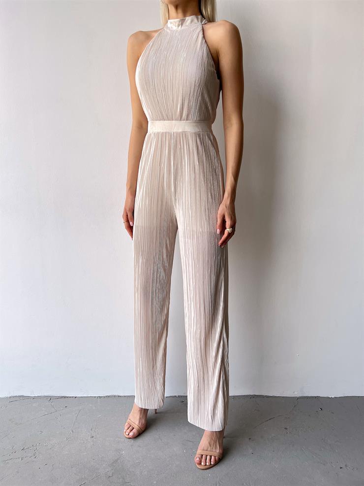 Kolsuz Yarım Boğazlı Fitilli Fold Kadın Bej Tulum 23Y000219