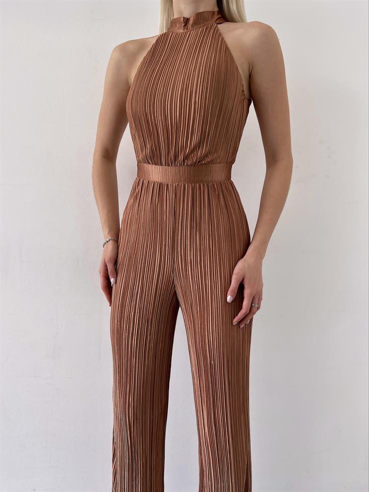 Kolsuz Yarım Boğazlı Fitilli Fold Kadın Camel Tulum 23Y000219