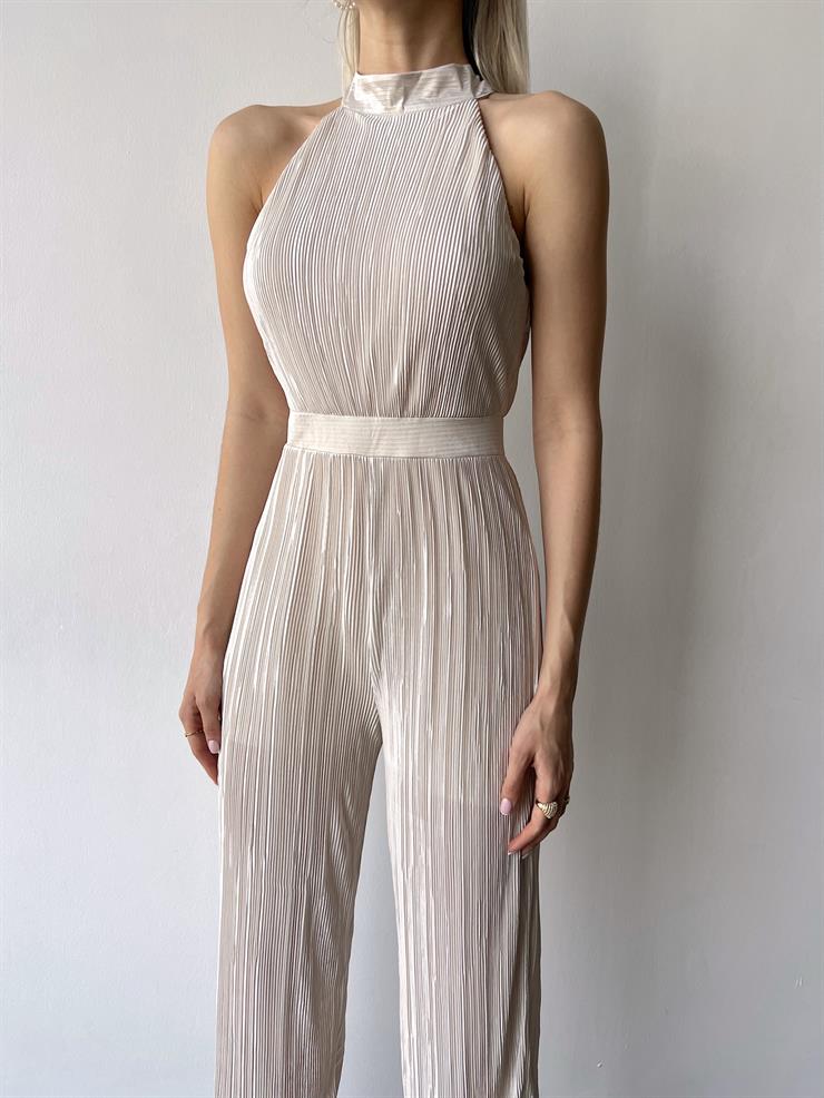 Kolsuz Yarım Boğazlı Fitilli Fold Kadın Bej Tulum 23Y000219