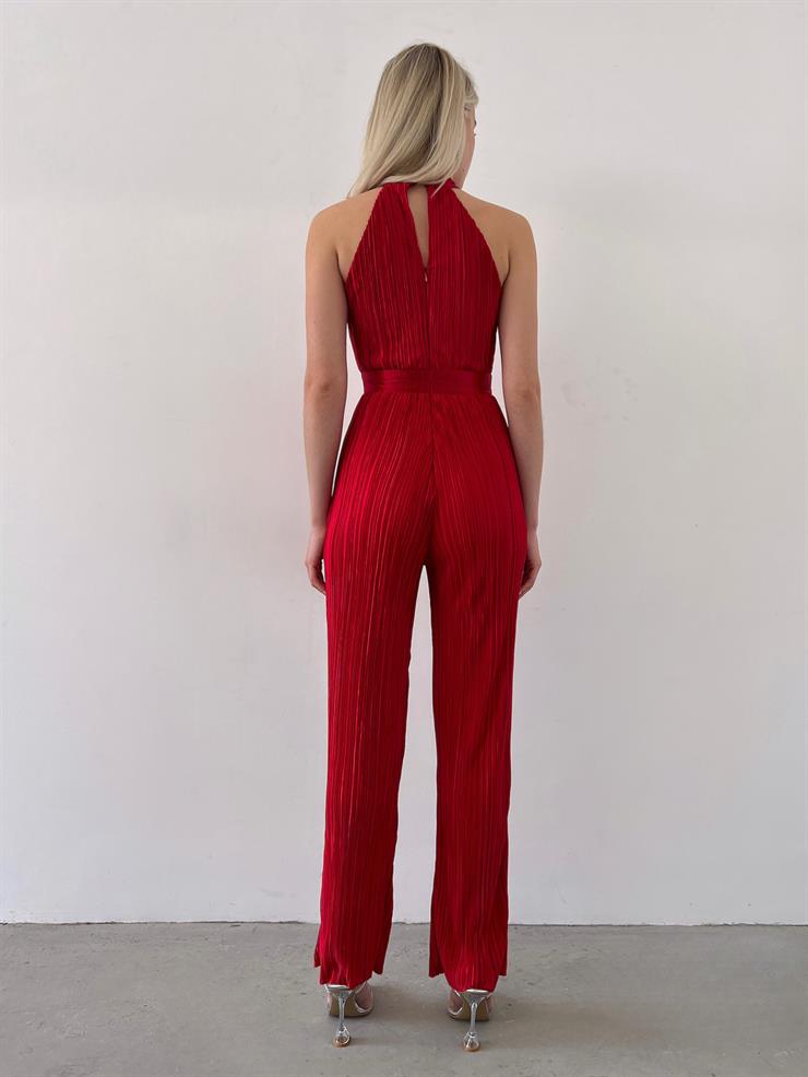 Kolsuz Yarım Boğazlı Fitilli Fold Kadın Kırmızı Tulum 23Y000219