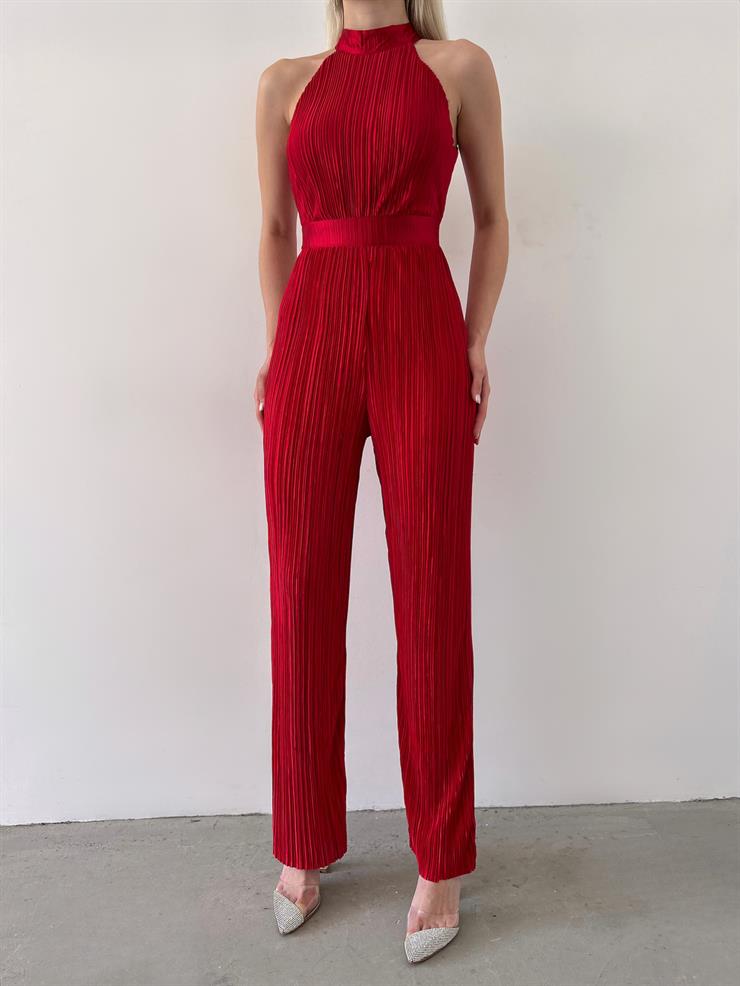 Kolsuz Yarım Boğazlı Fitilli Fold Kadın Kırmızı Tulum 23Y000219