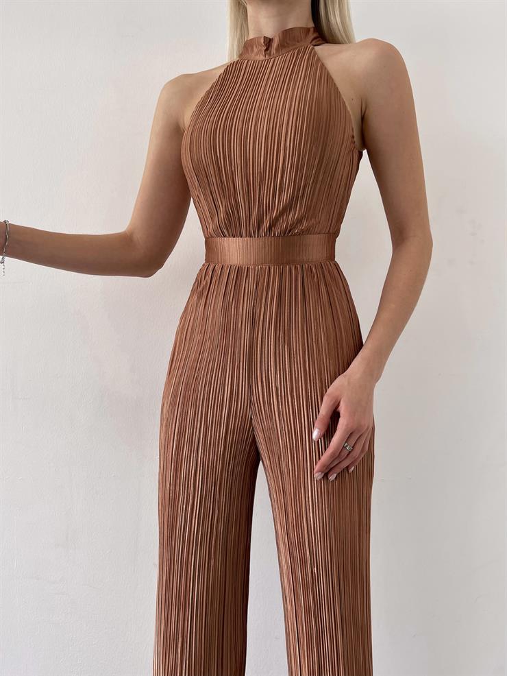 Kolsuz Yarım Boğazlı Fitilli Fold Kadın Camel Tulum 23Y000219
