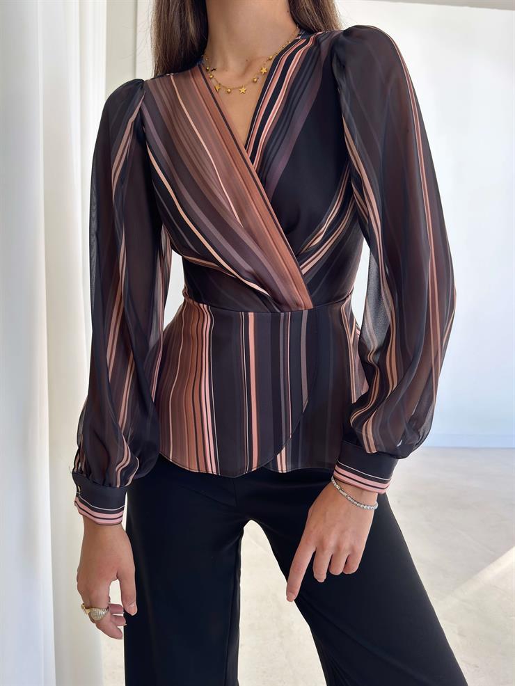 Kruvaze Kesim Kolları Tül Desenli Francis Renkli Kadın Bluz 26K233