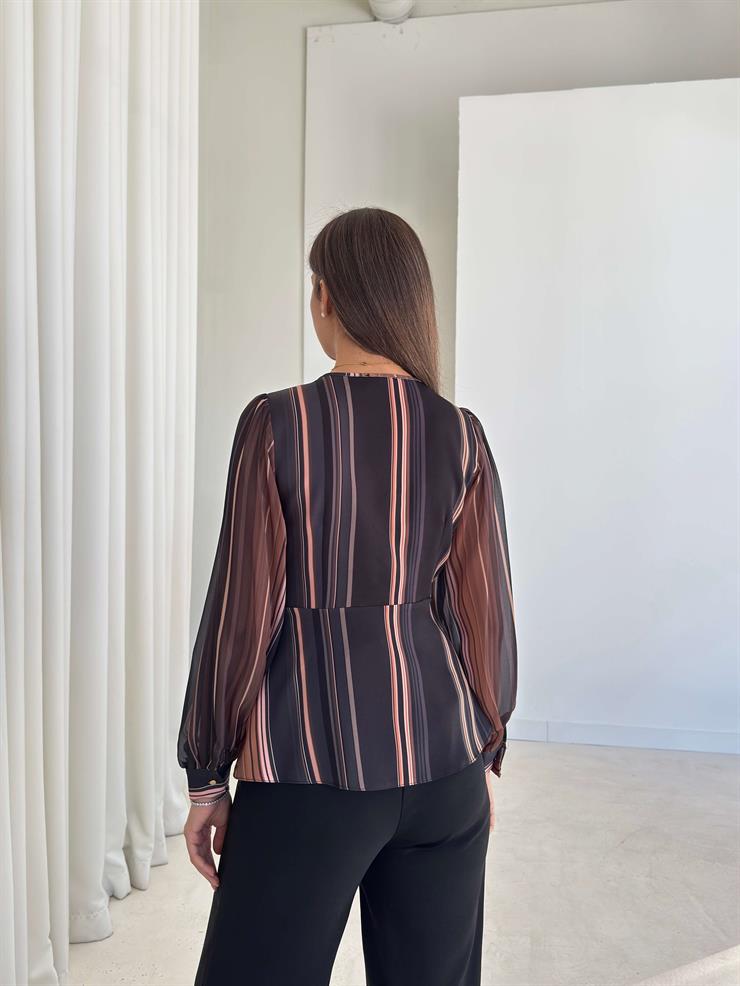 Kruvaze Kesim Kolları Tül Desenli Francis Renkli Kadın Bluz 26K233