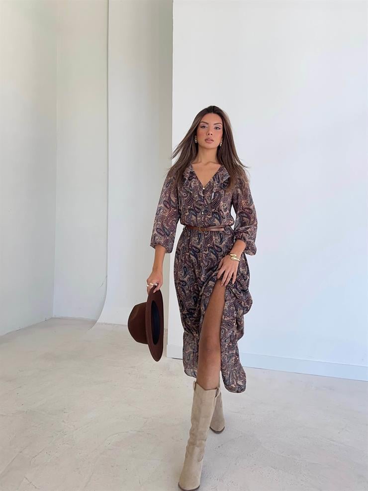 V Yaka Kemerli Tül Frank Renkli Kadın Elbise 26K232