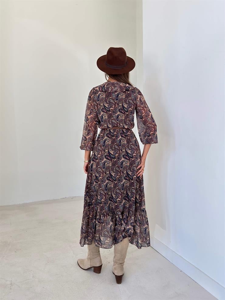 V Yaka Kemerli Tül Frank Renkli Kadın Elbise 26K232