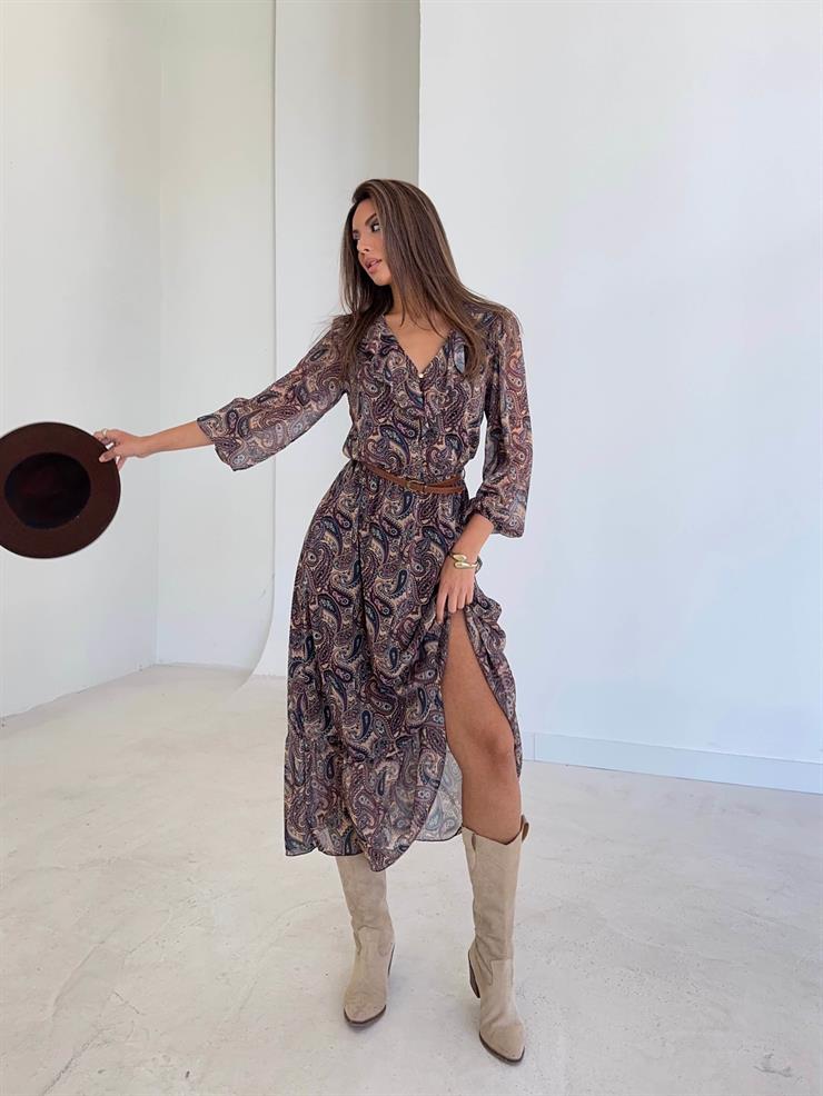 V Yaka Kemerli Tül Frank Renkli Kadın Elbise 26K232